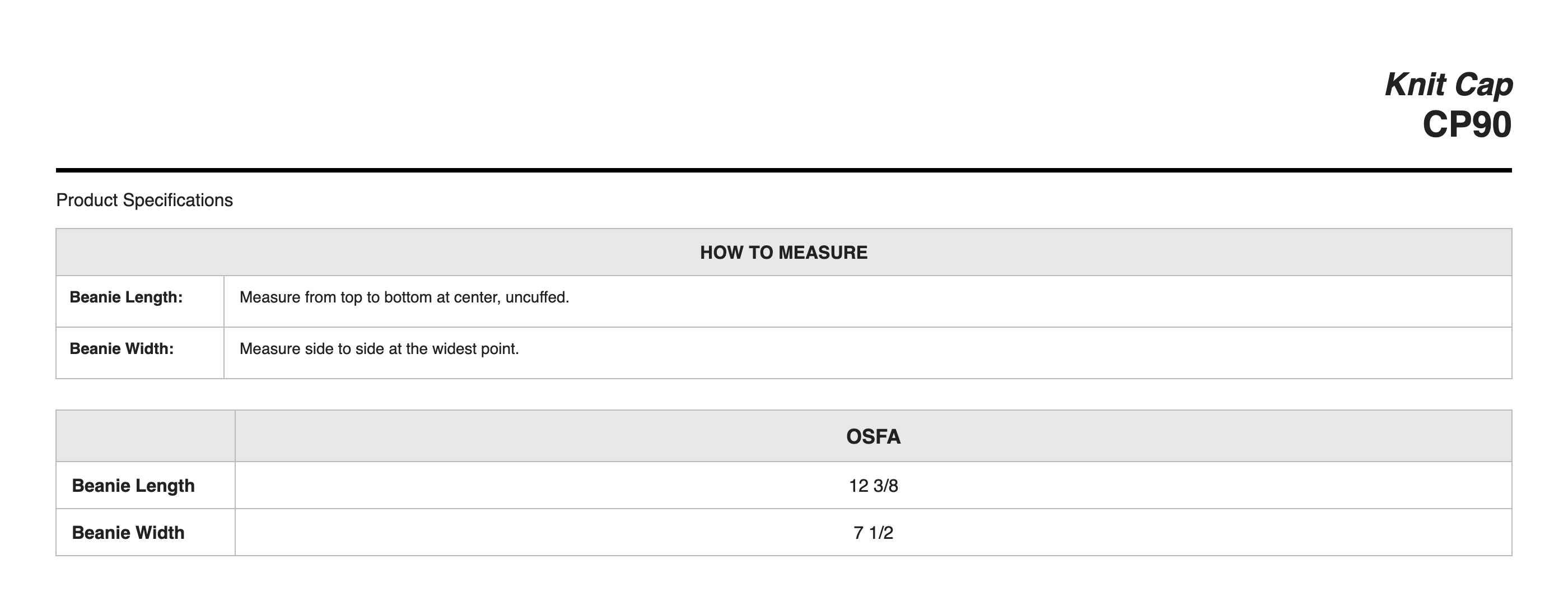 Sizing Chart