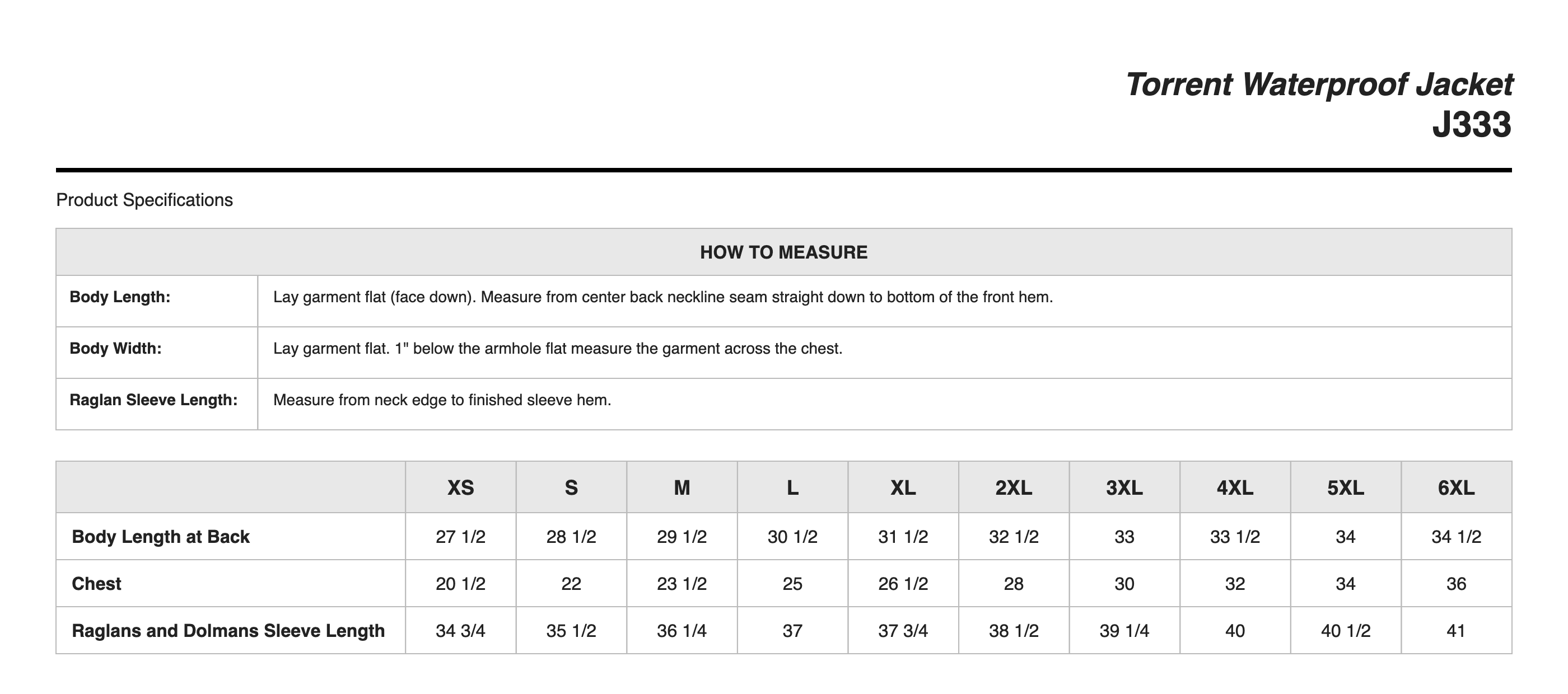 Sizing Chart