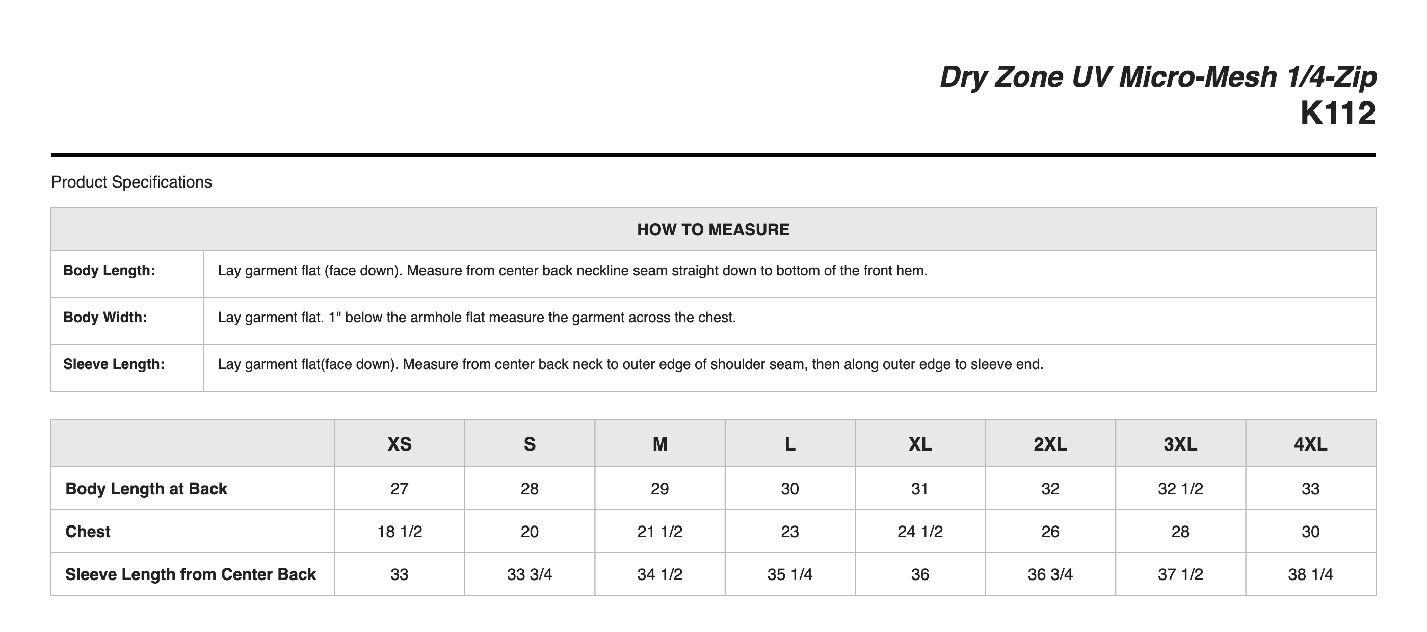 Sizing Chart