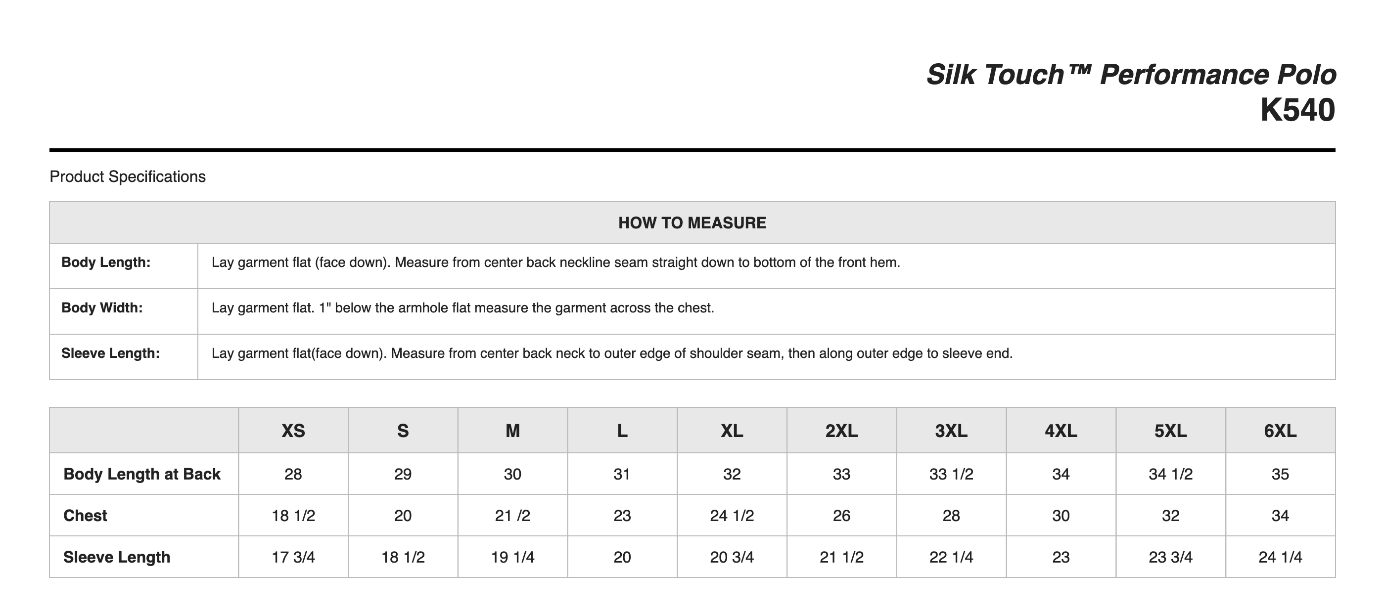 Sizing Chart