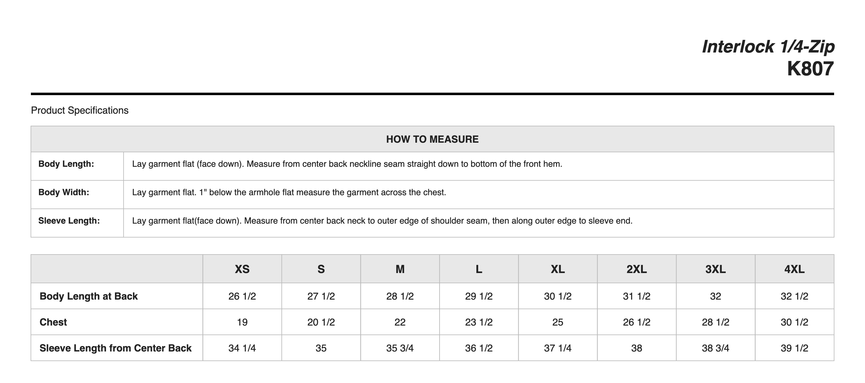 Sizing Chart