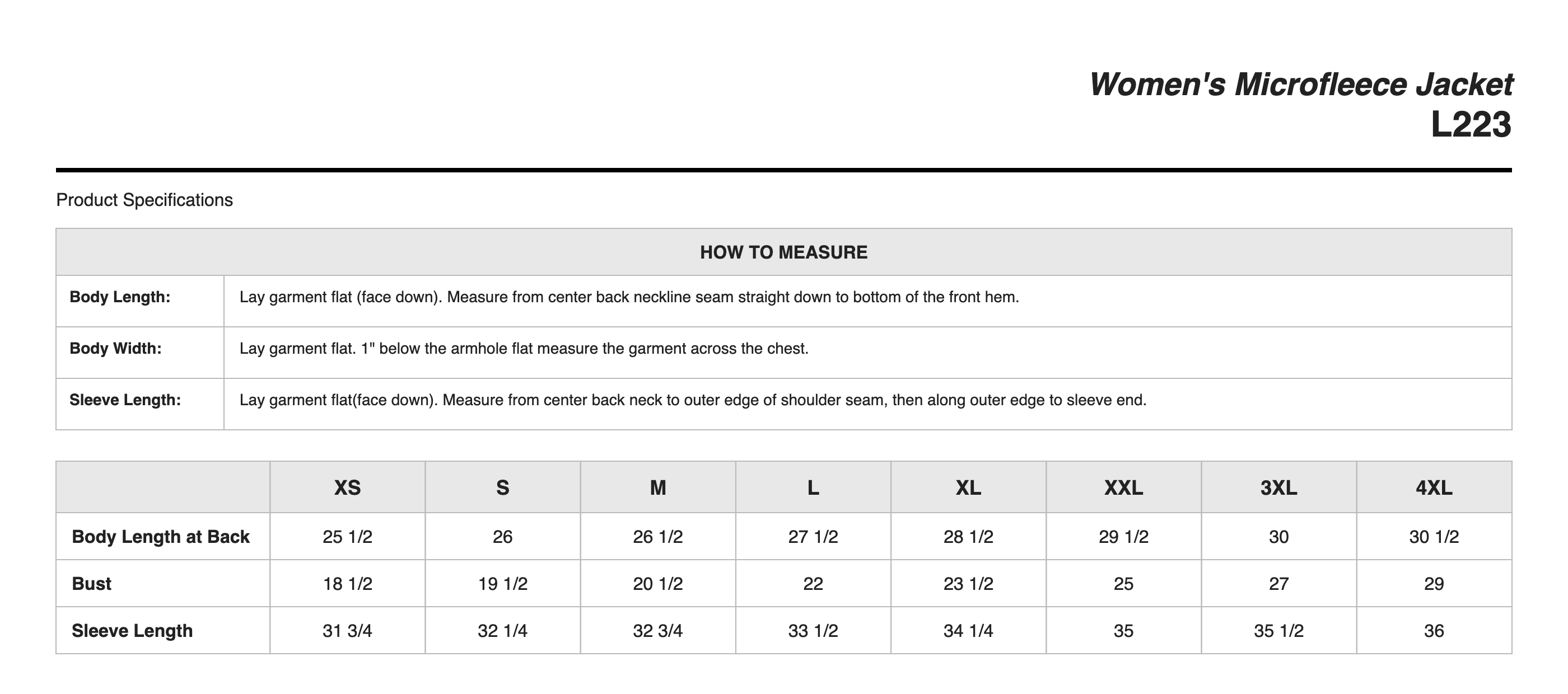 Sizing Chart