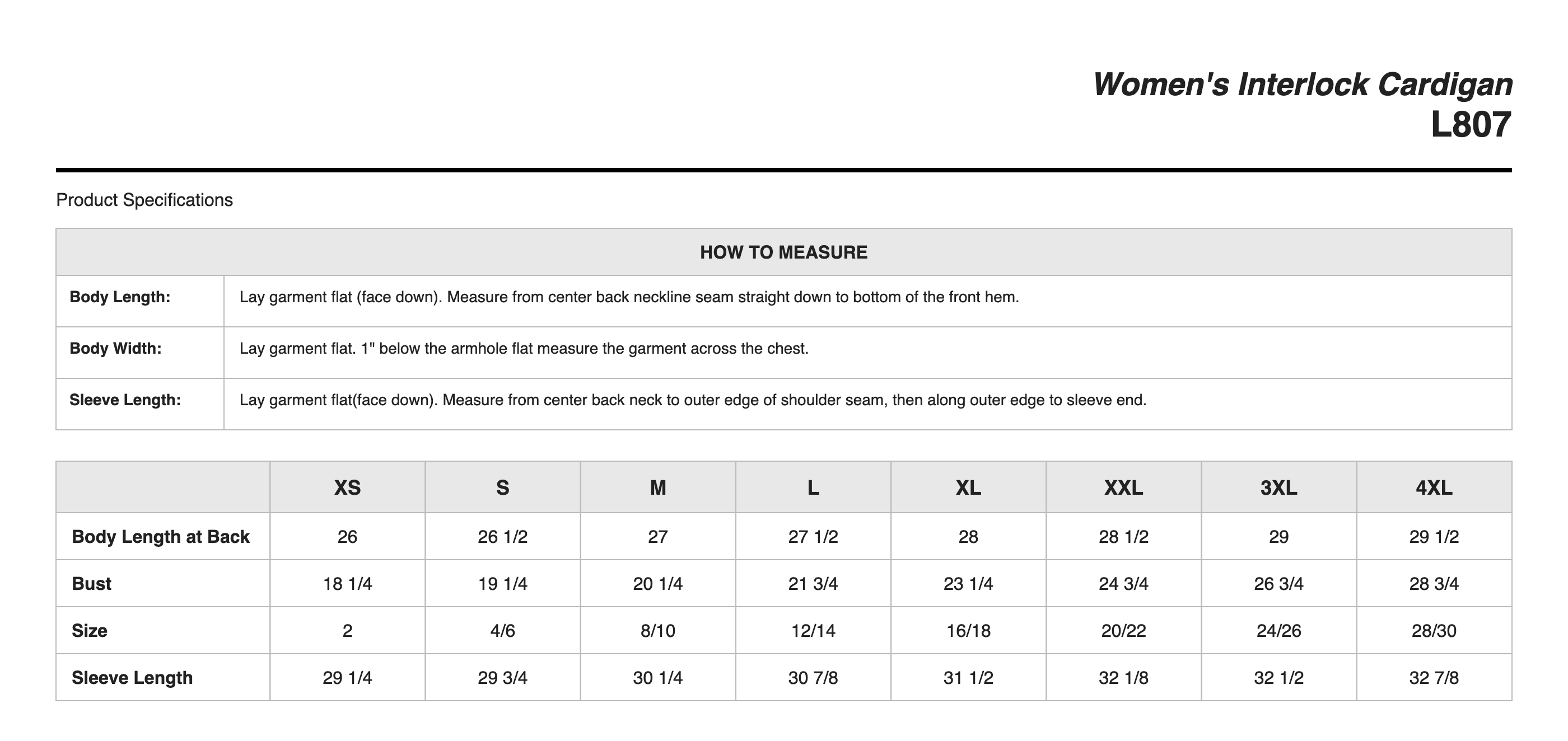 Sizing Chart