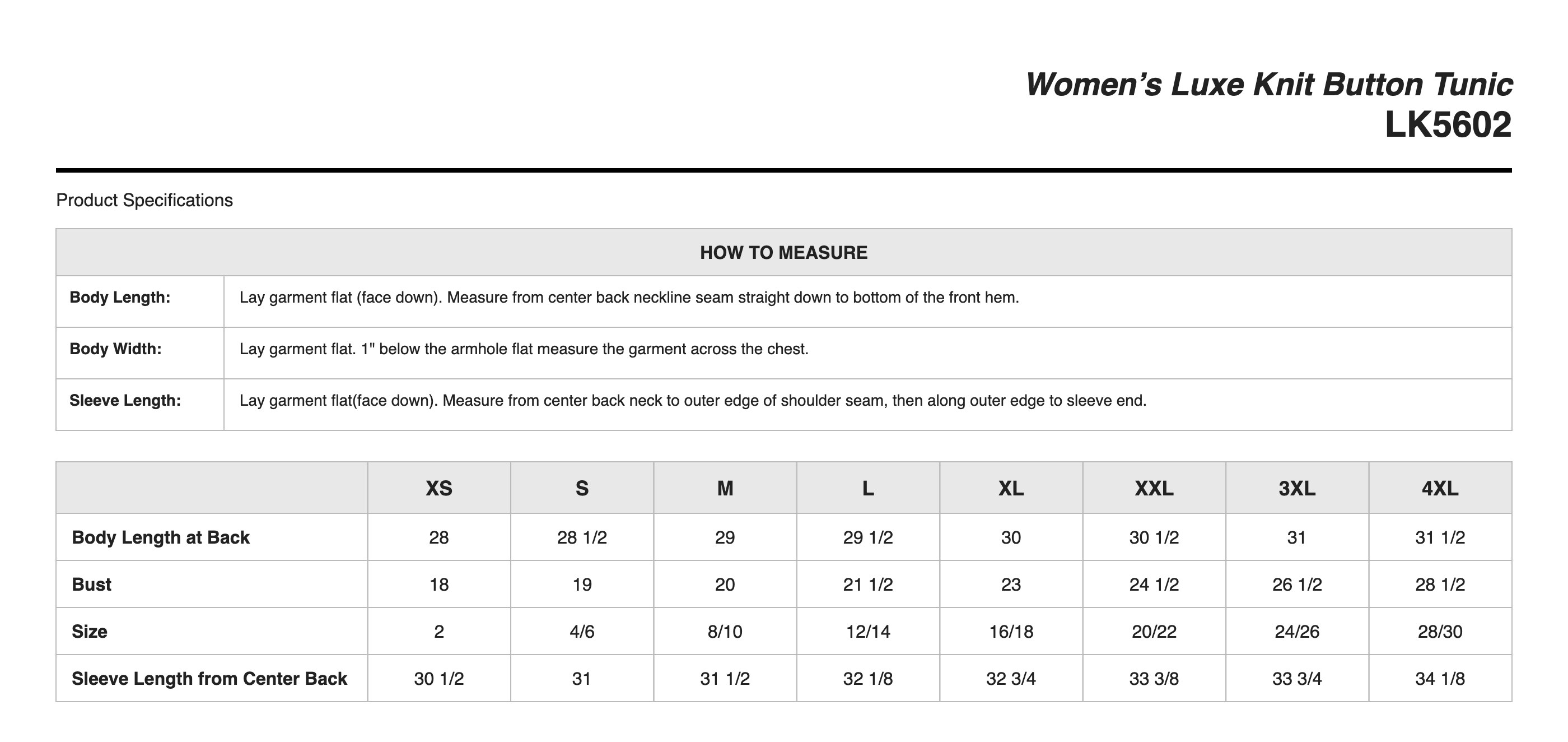 Sizing Chart