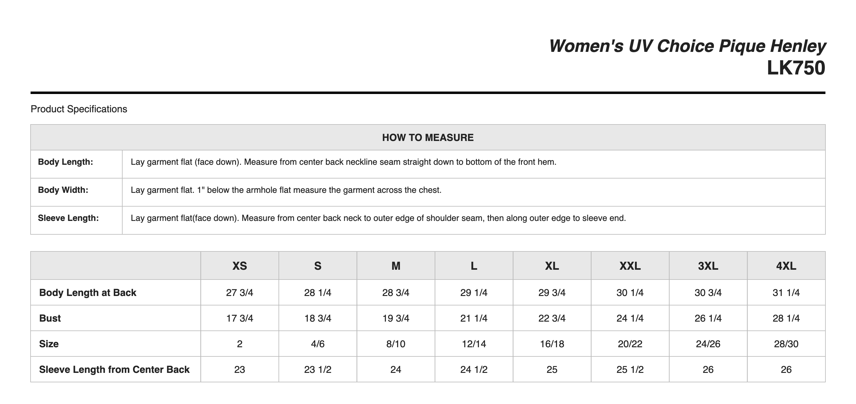 Sizing Chart