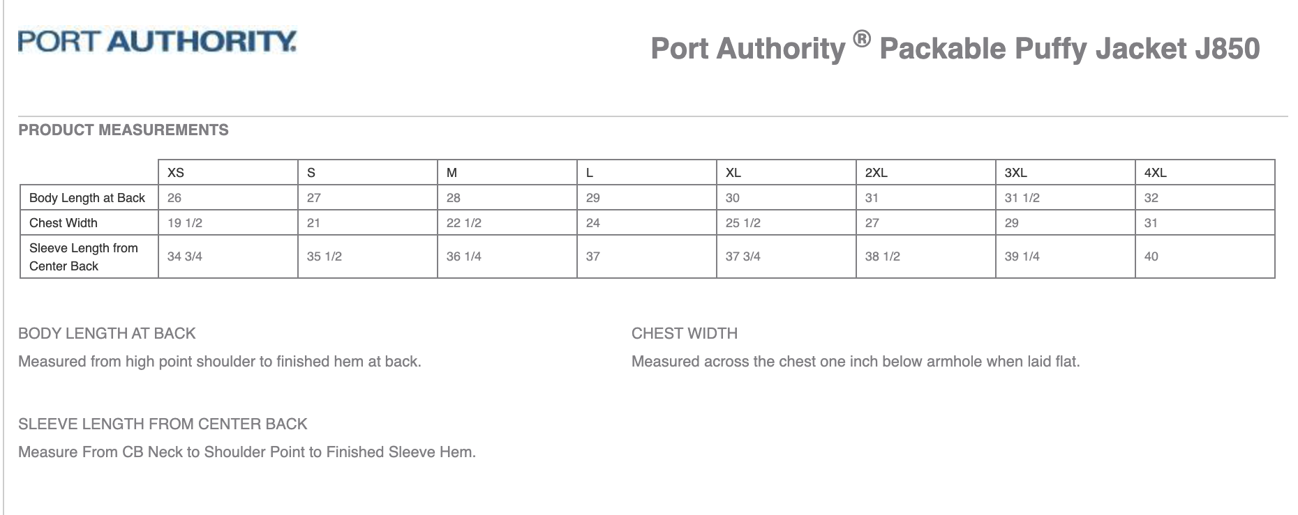 Sizing Chart