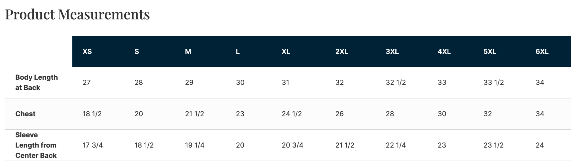 Sizing Chart