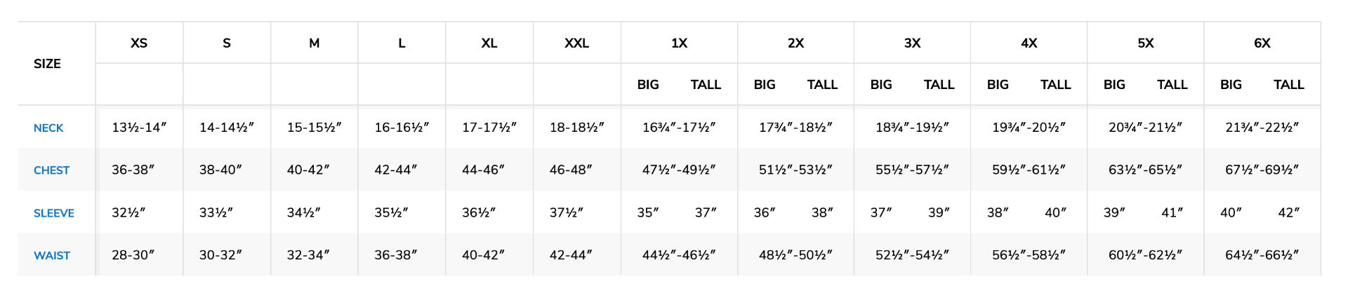 Sizing Chart